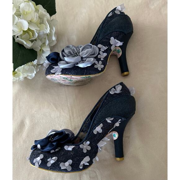 IRREGULAR CHOICE Peach Melba Vintage Floral Heels in Navy, Size 39 - Picture 4 of 12